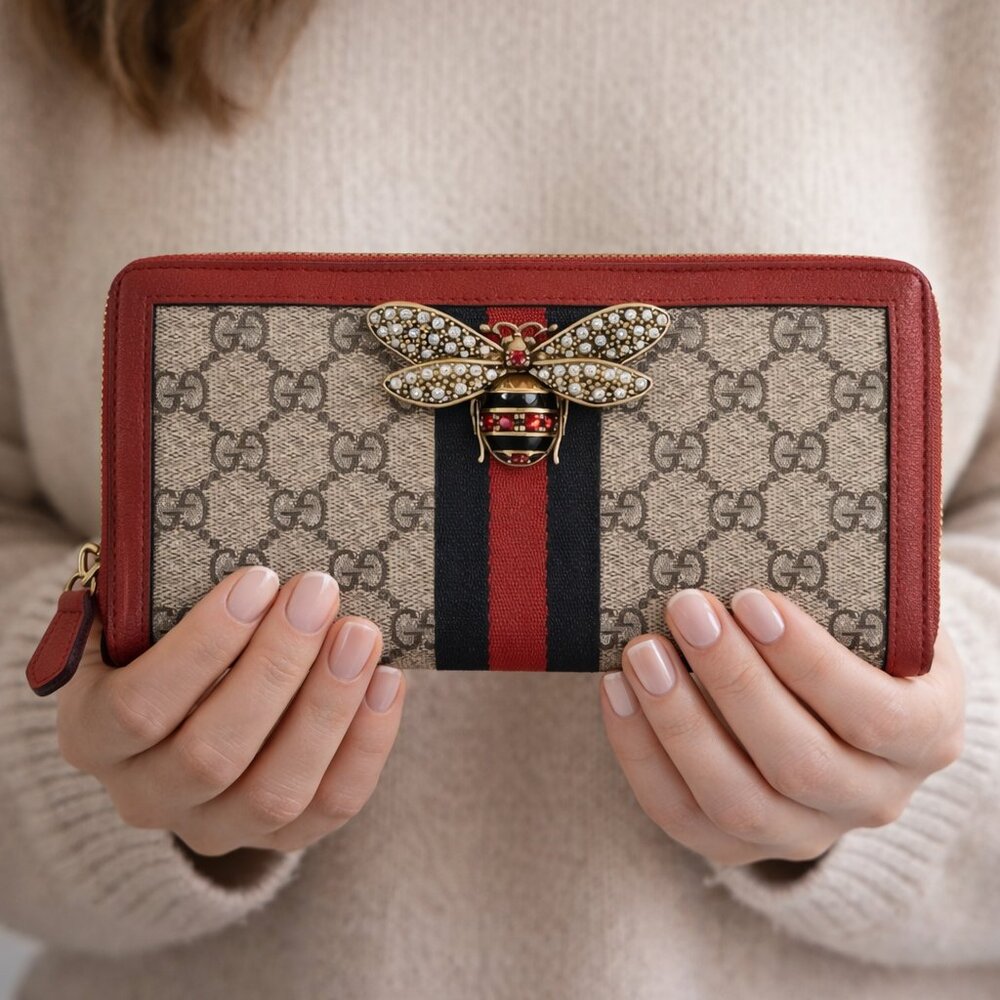 GUCCI Queen Margaret Bee Rhinestone Red Supreme Continental Wallet Zip Monogram - Picture 2 of 10